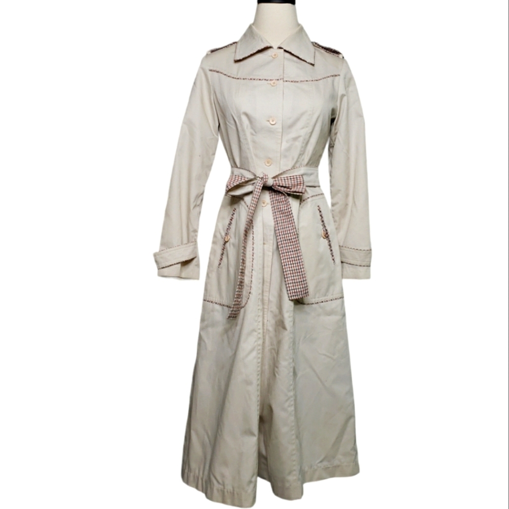 Vintage 60'-70's WesternTrench Coat Retro 40's Style Check Fitted Piping Sz 10